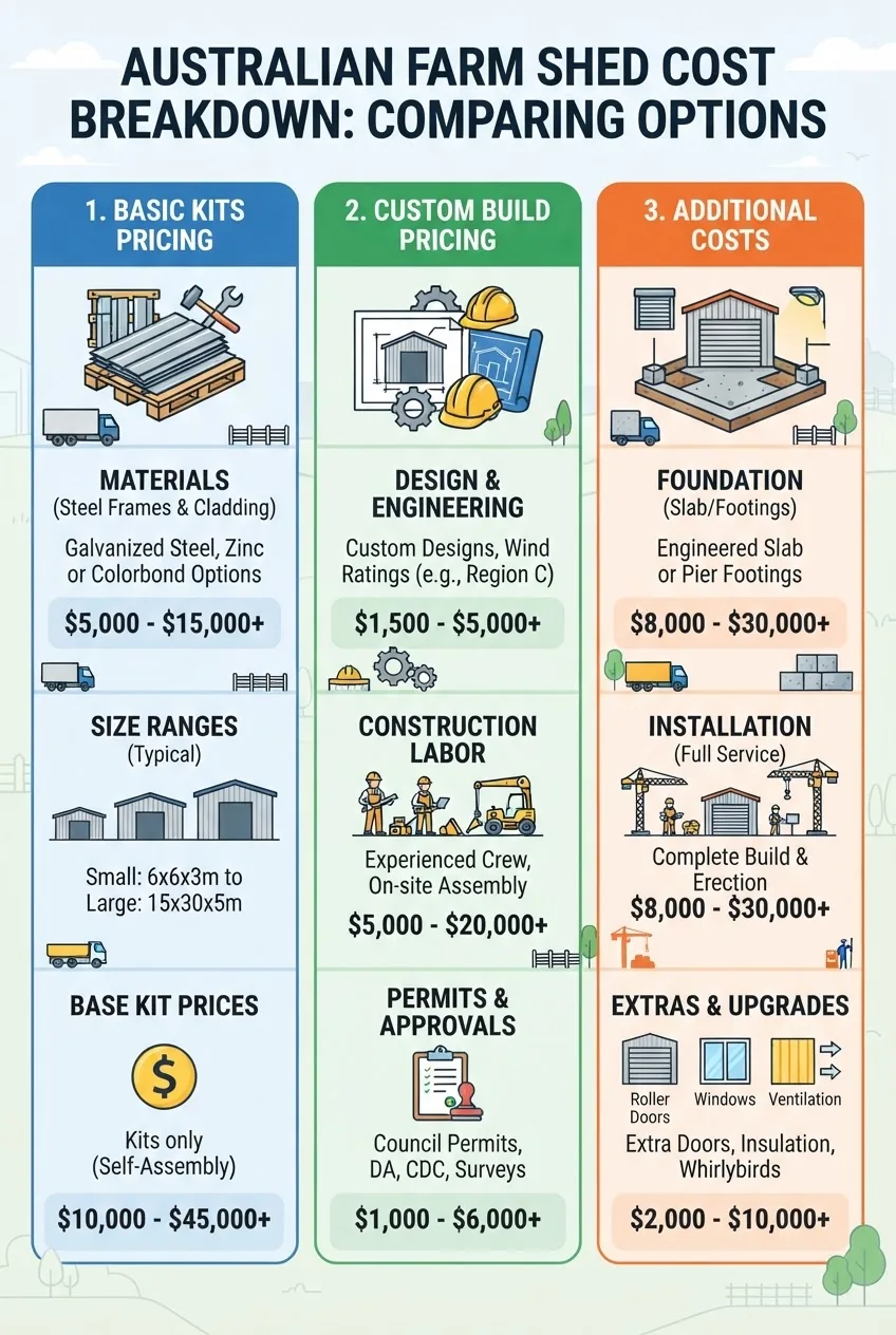 is a three-column infographic comparing farm shed cost components: (1) Basic Kits Pricing (material, size ranges, base prices), (2) Custom