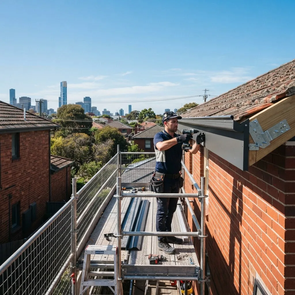 a tradesperson installing Colorbond fascia on a home roofline, using hand tools, protective gloves visible, scaffolding around, under clear