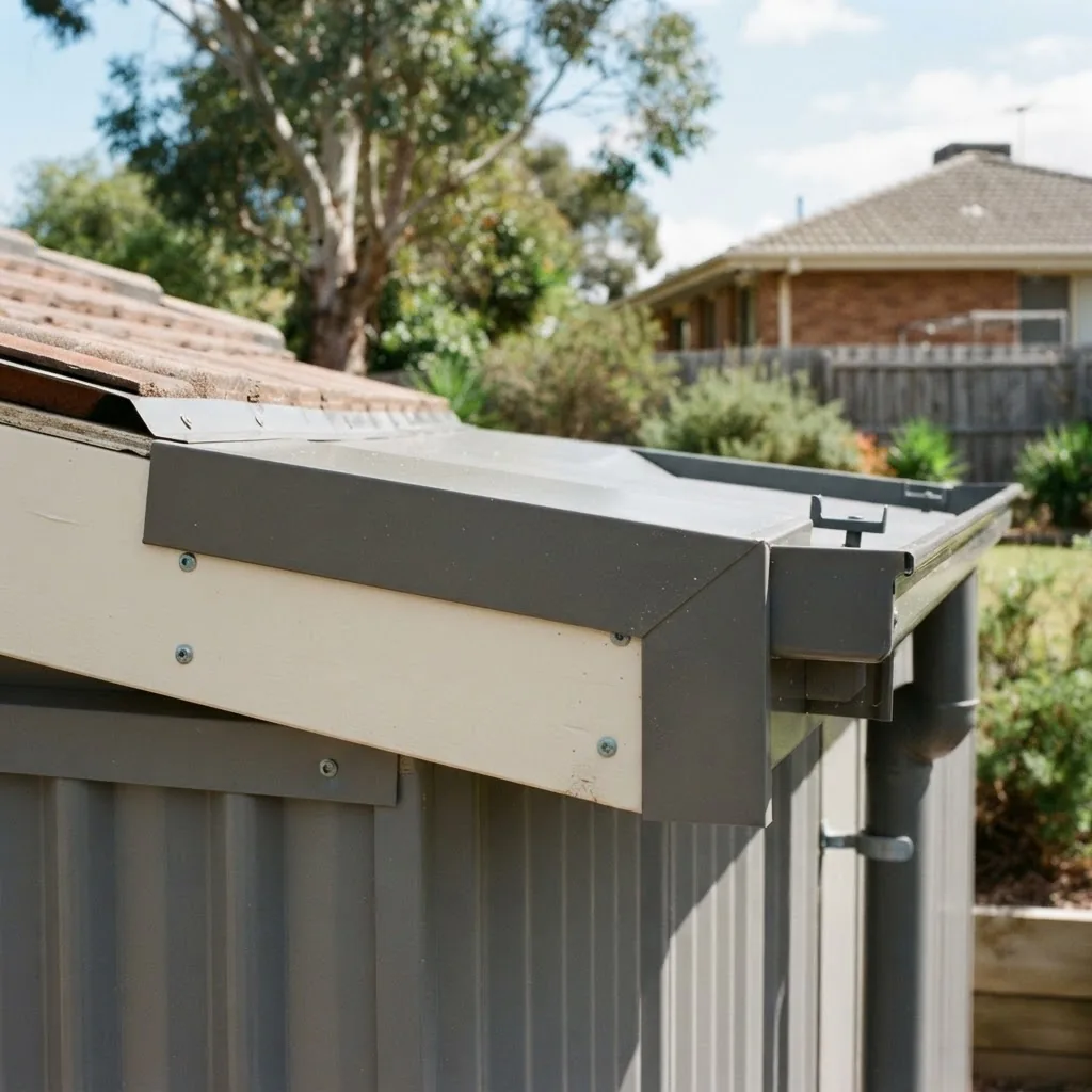 a close-up photograph of a freshly installed Colorbond steel fascia on a residential shed in bright daylight, showing smooth metal surface