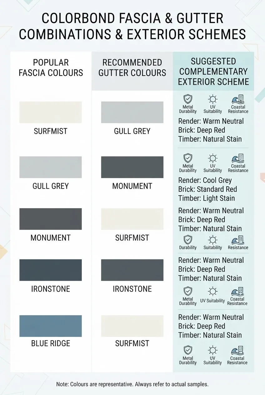 has a three-column layout showing popular Colorbond fascia colours in the first column with swatches labeled (Surfmist, Gull Grey,