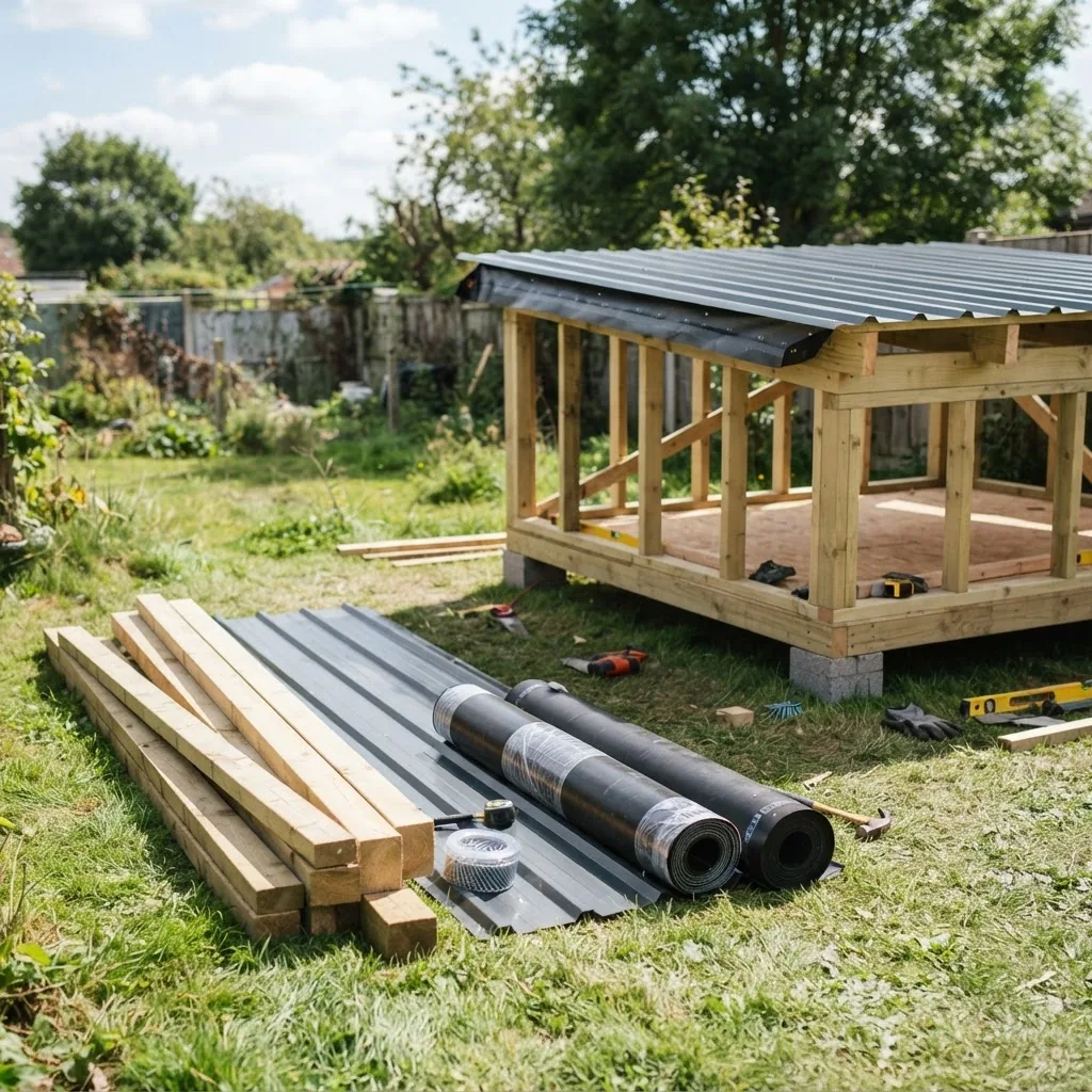 Close-up of construction materials including timber beams, metal roofing sheets, and waterproof membranes laid out on grass, with a