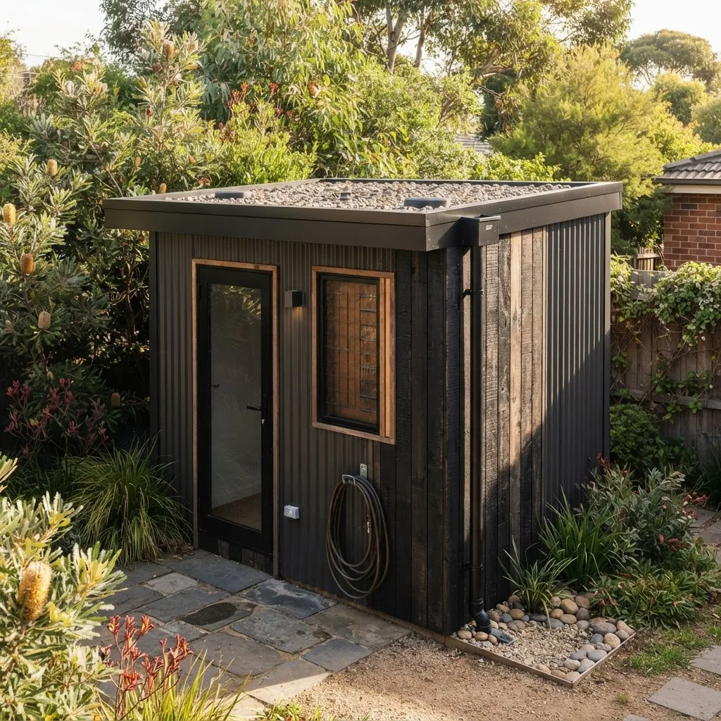 A modern flat roof garden storage shed made of timber and metal materials, set in a Melbourne backyard with native plants, shot at