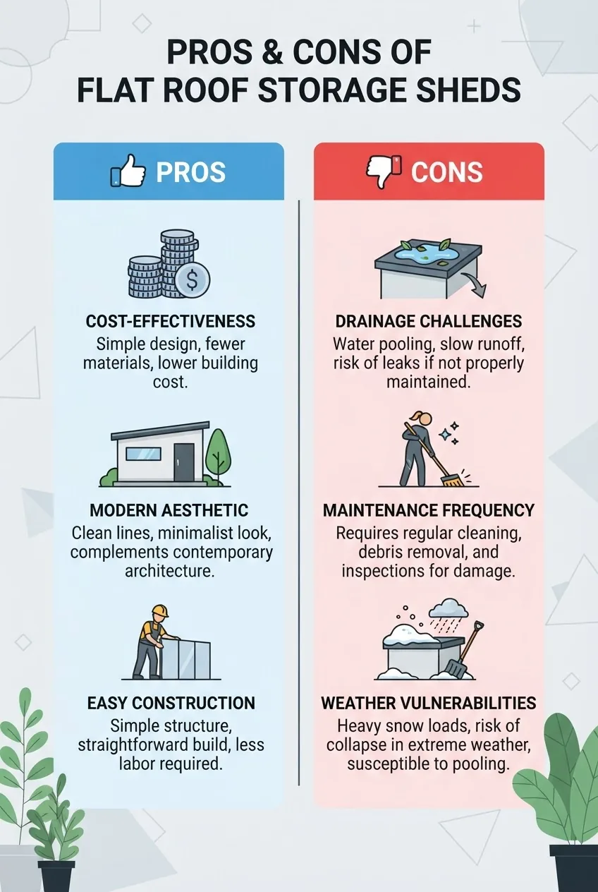 A balanced infographic with two columns: Pros and Cons of flat roof storage sheds, each point accompanied by simple icons. Pros include