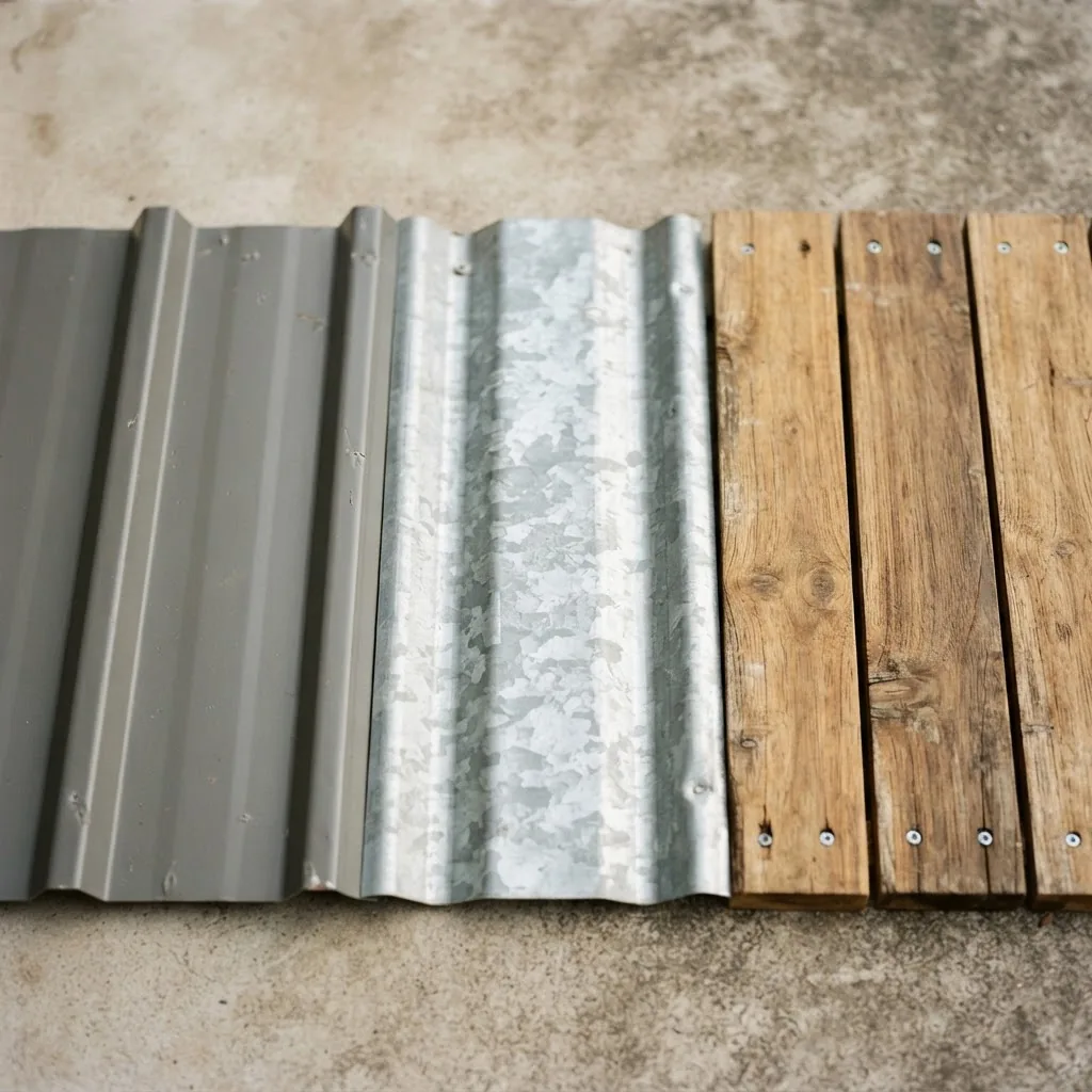 textures and materials of Colorbond sheet, galvanised steel panel, and timber boards used in garage gates, arranged side by side on a