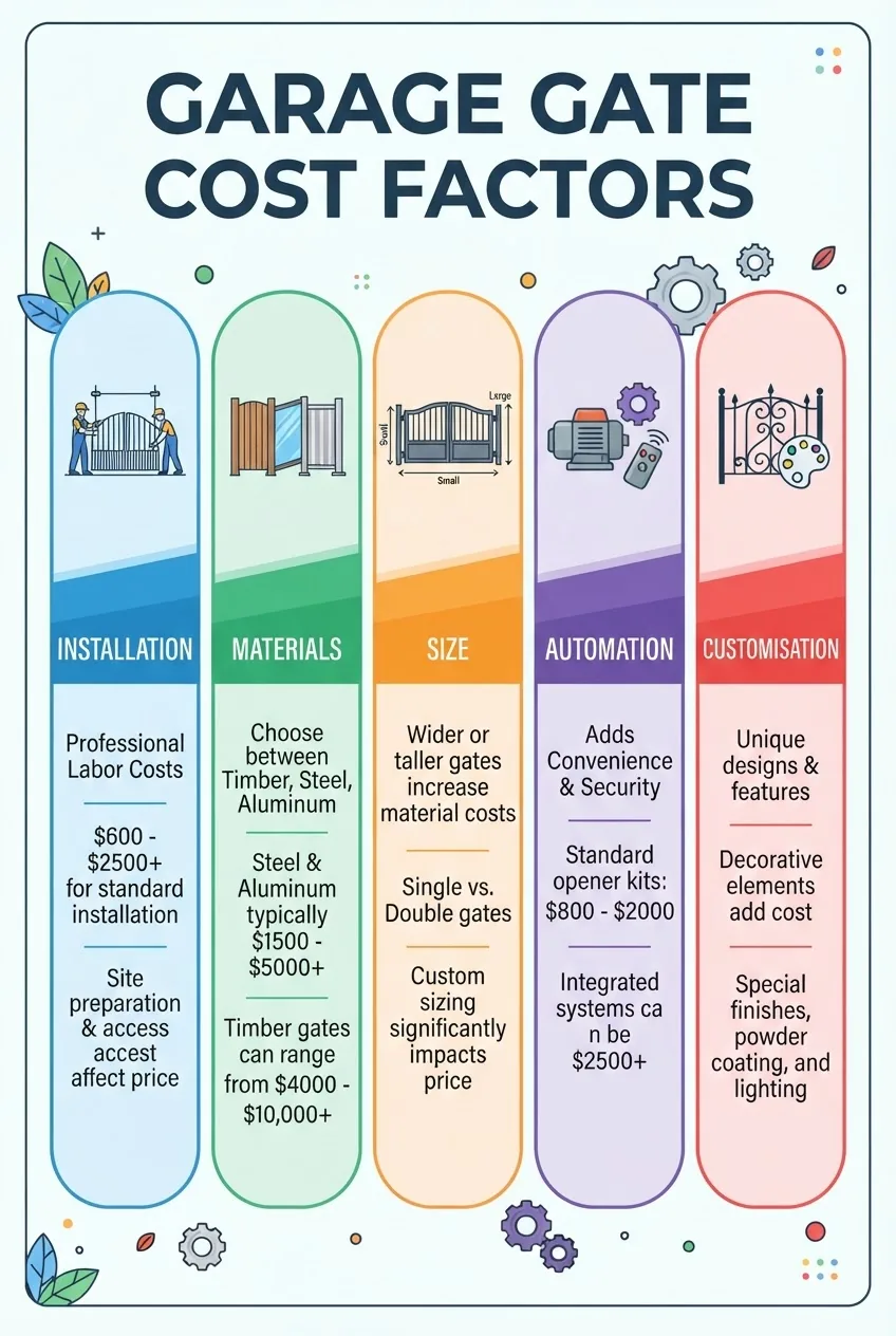 presenting a cost breakdown for garage gates: large header ‘Garage Gate Cost Factors’, divided into 5 columns showing Installation,