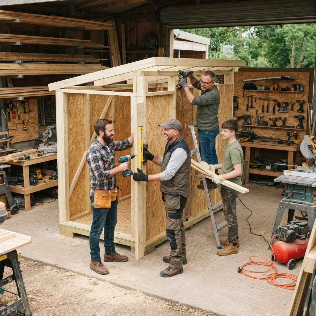 Workshop scene with a shed builder team assembling a wooden garden shed, tools and construction materials visible, natural lighting,