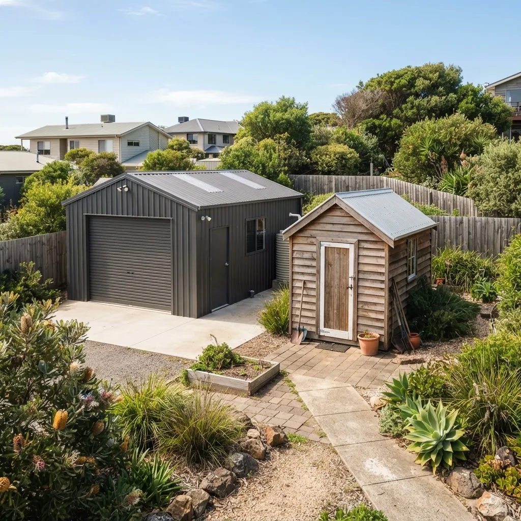 A sunlit outdoor setting showing a modern metal garage next to a medium-sized wooden shed in a residential backyard in Torquay, coastal