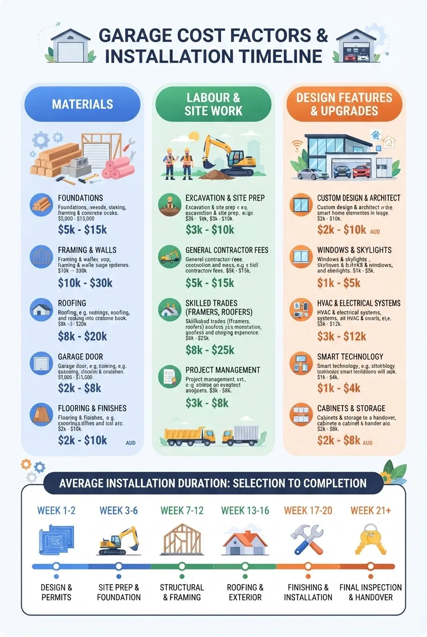 with three columns representing garage cost factors: Materials, Labour, Design Features; each column includes icons and cost ranges in AUD,