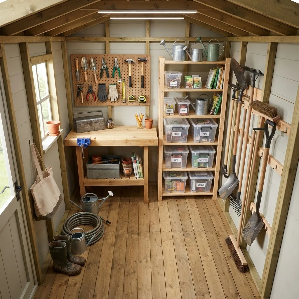 a 3m x 2m garden shed interior layout with shelving units, tool hooks, workbench, and gardening storage neatly arranged, bright lighting,