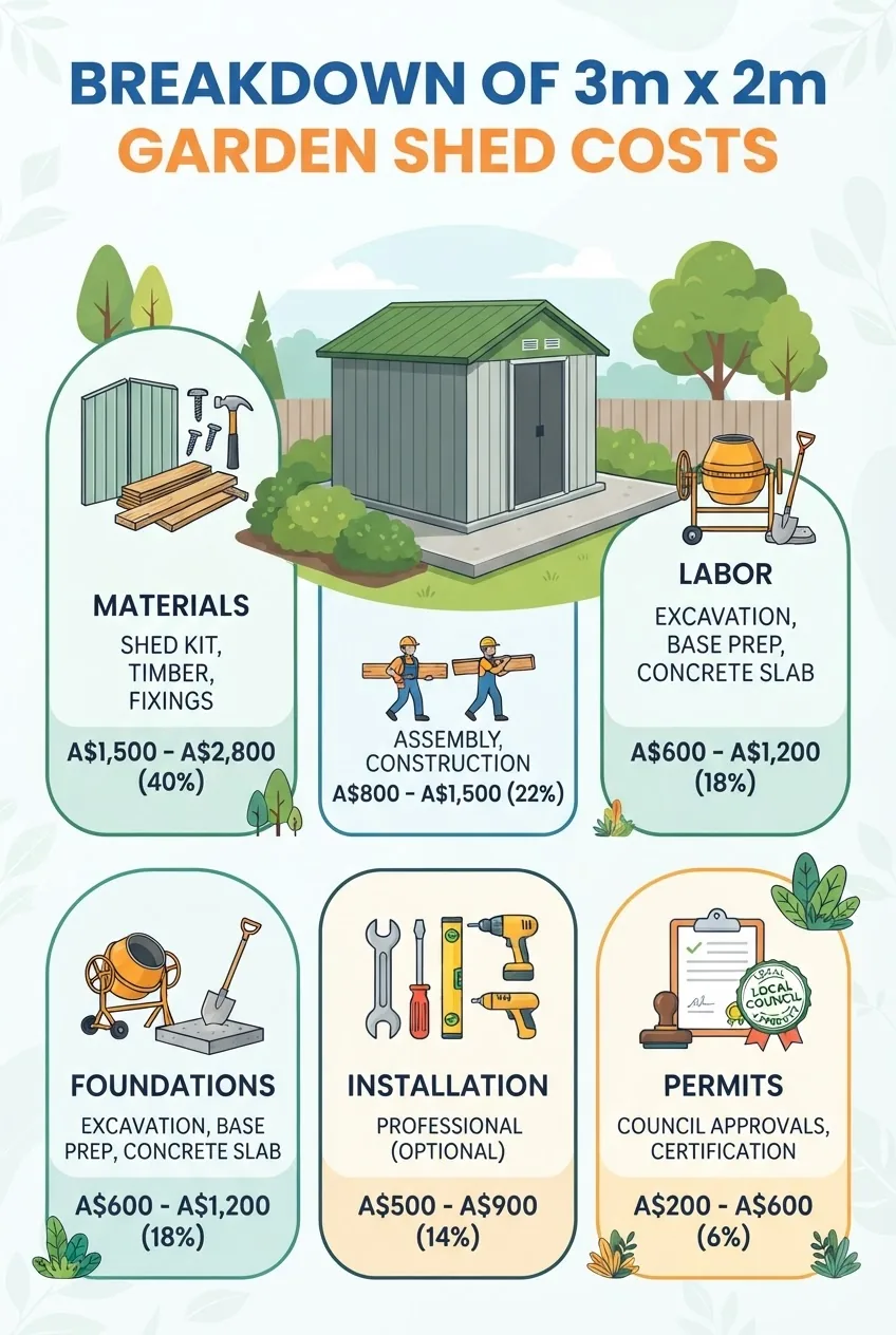 An infographic breaking down the cost components of a 3m x 2m garden shed, divided into sections for materials, labor, installation,