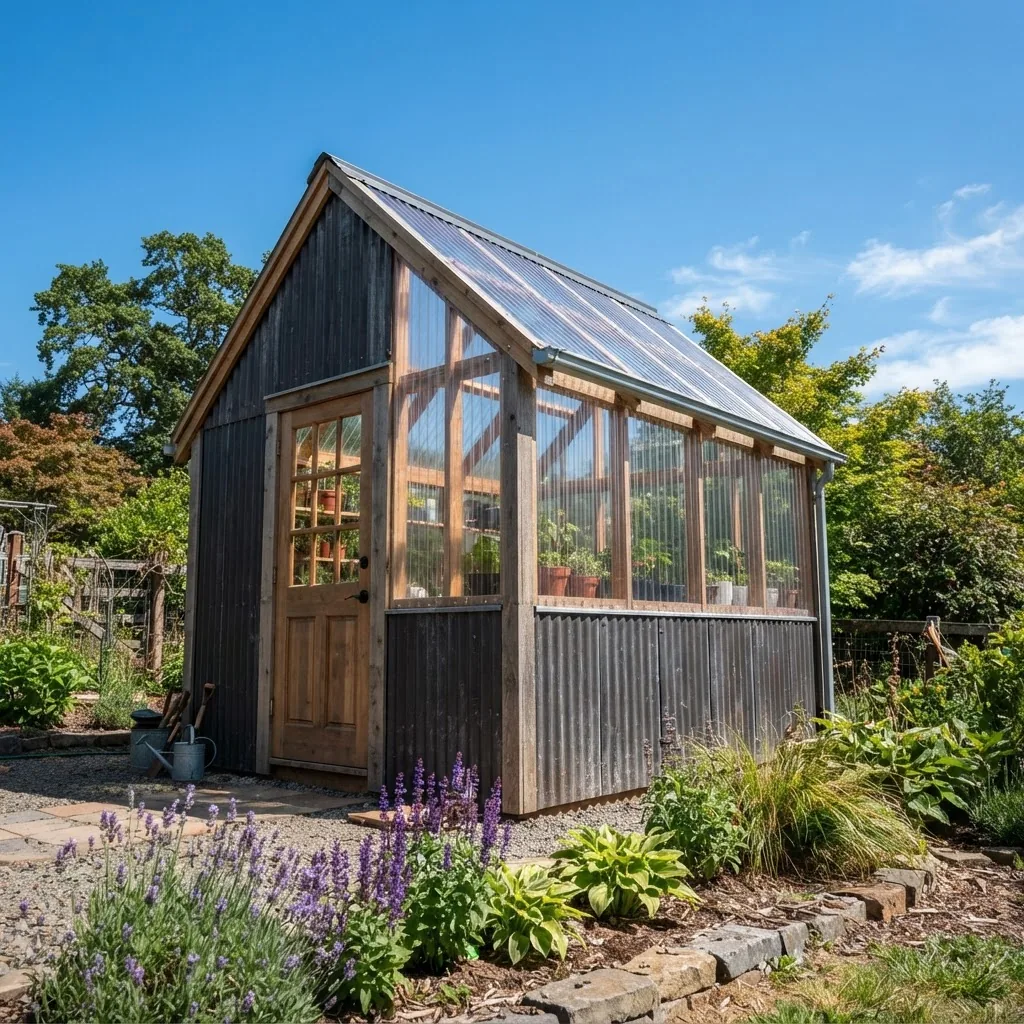 A well-lit photograph of a mid-sized garden shed modified with translucent greenhouse panels, showing both corrugated iron and glazing