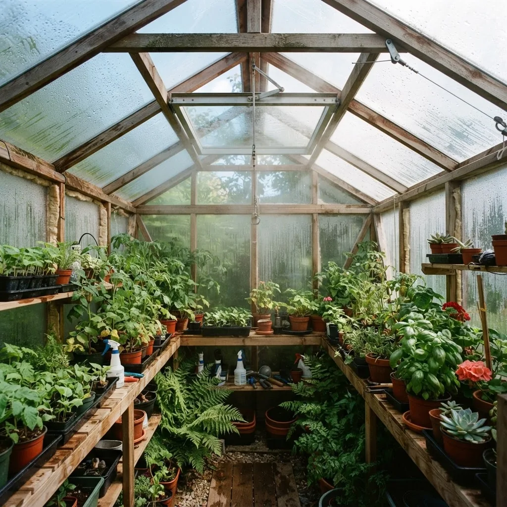 An interior shot of a garden shed greenhouse showing roof vent installation with visible air flow paths, daylight filtering through vents,