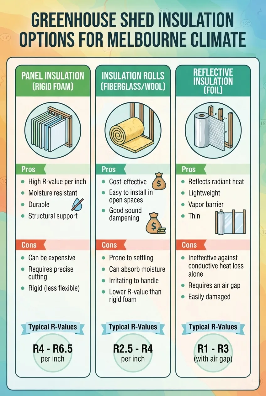 A three-part infographic illustrating types of insulation materials for garden shed greenhouses: panel insulation, insulation rolls, and