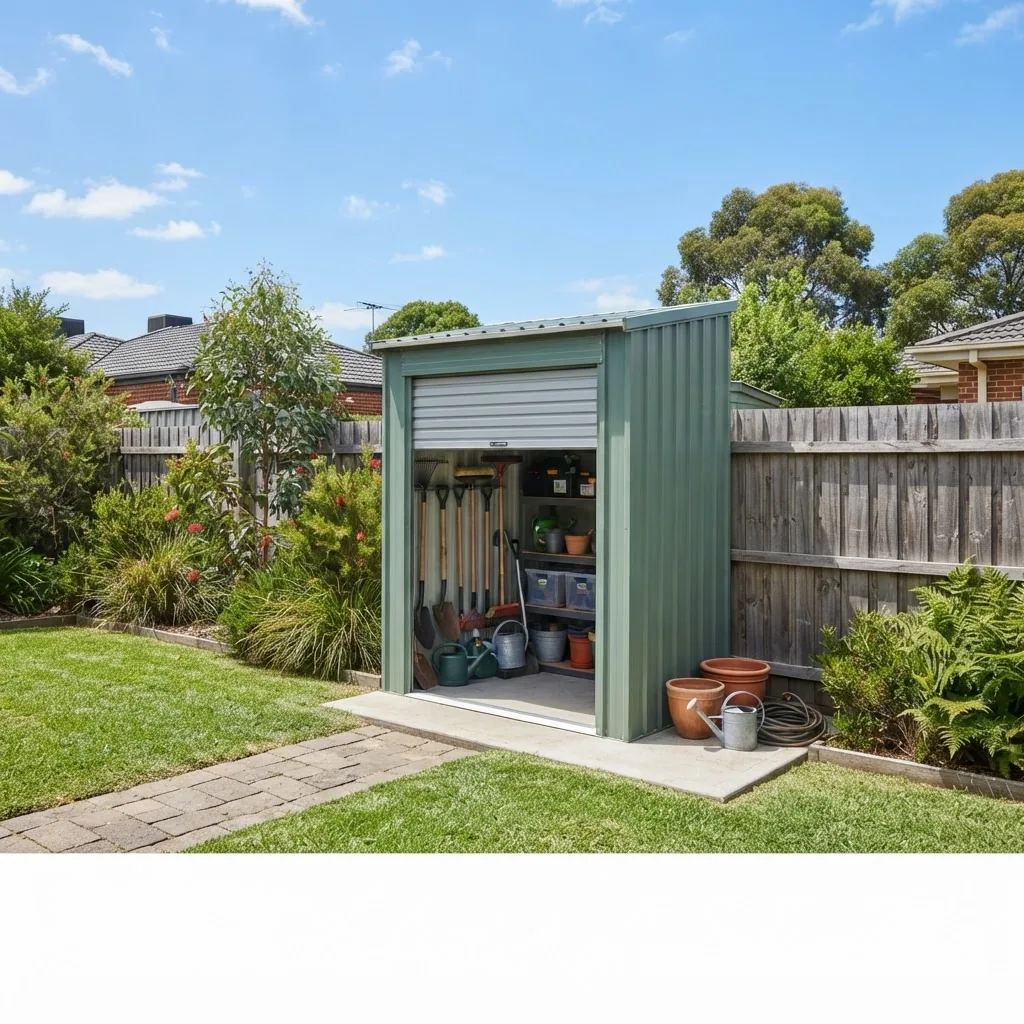 A wide-angle shot of a small slimline garden shed with a roller door installed on a neatly maintained typical Melbourne backyard lawn,