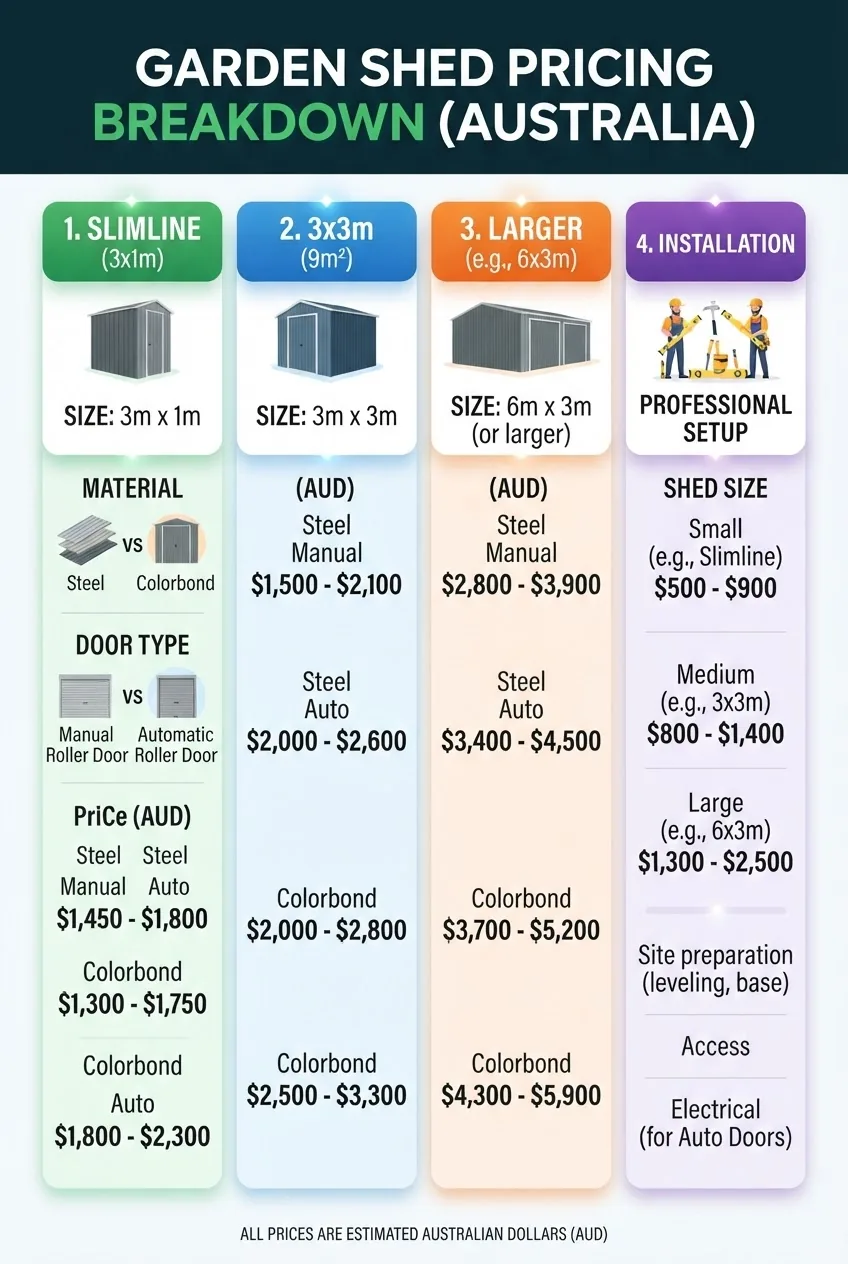 displaying a pricing breakdown for garden sheds with roller doors, segmented by size (slimline, 3x3, larger), door type (manual,