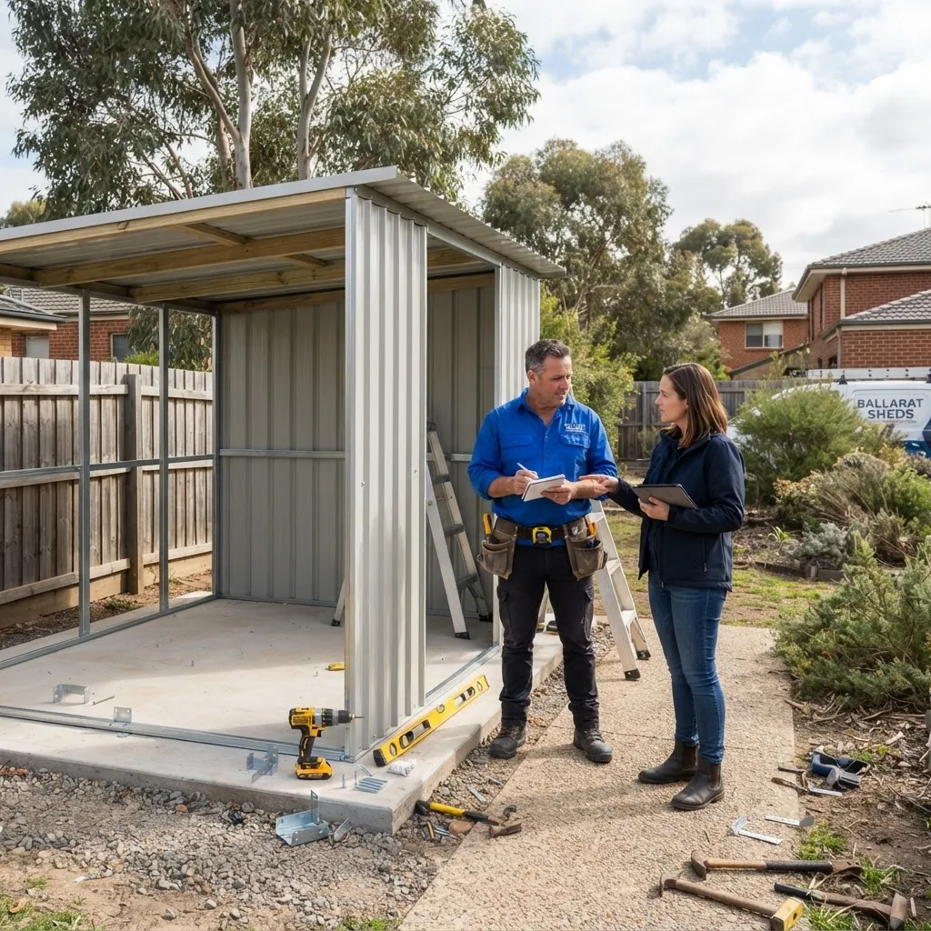 professional shed builder consulting with a homeowner next to a partially constructed metal garden shed in a suburban Ballarat setting,