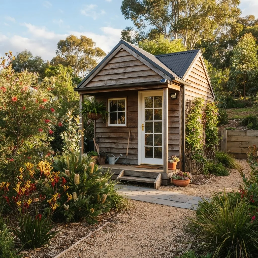 beautiful garden shed installed in a Ballarat backyard, showing timber siding and pitched roof, sunny afternoon lighting, with native