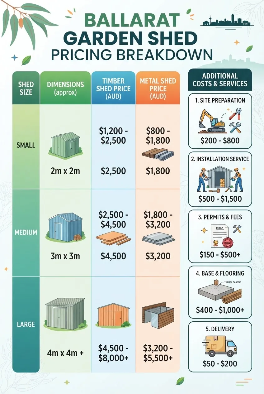 presents a detailed pricing breakdown for garden sheds in Ballarat, showing a table of typical price ranges by shed size (small, medium,