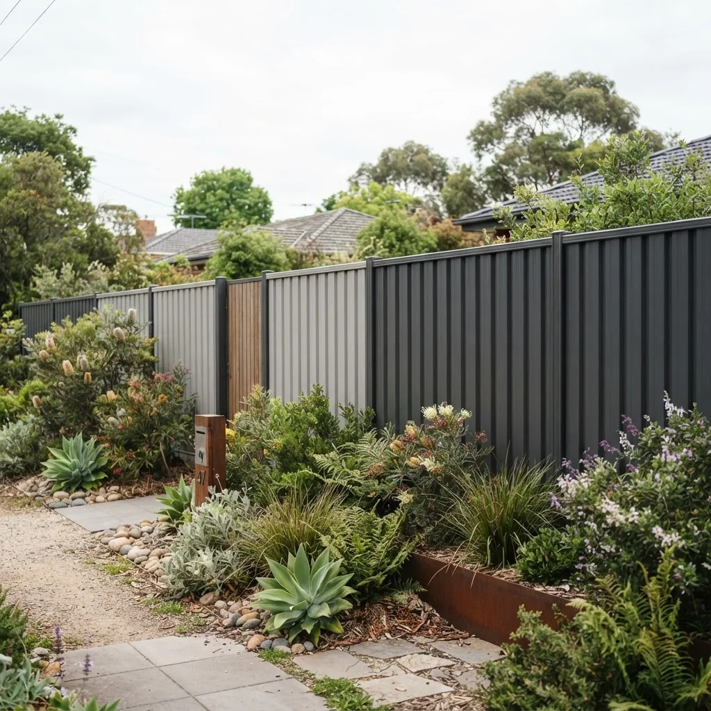a residential outdoor fence in Melbourne featuring a combination of Gull Grey and Shale Grey Colorbond panels, showcasing textural