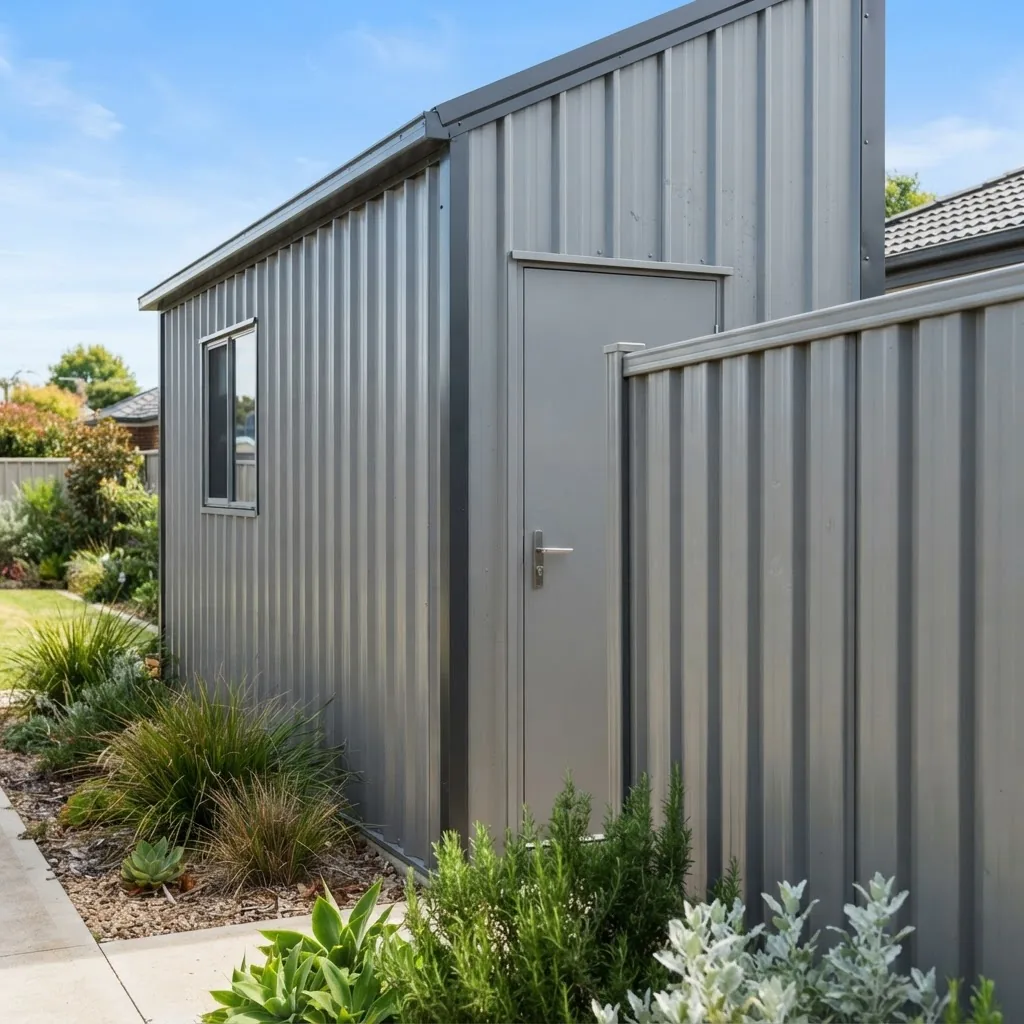 a modern suburban shed and fence painted in Gull Grey Colorbond, taken at an angle showing sleek steel panels with natural sunlight, subtle