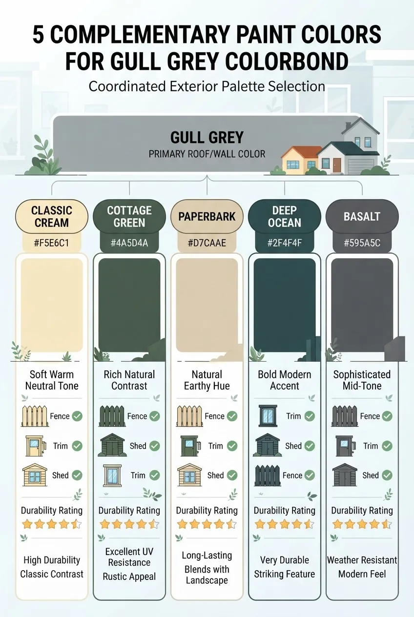 A clean infographic comparing 5 paint colours suitable as complements to Gull Grey Colorbond, arranged in columns with colour swatches,