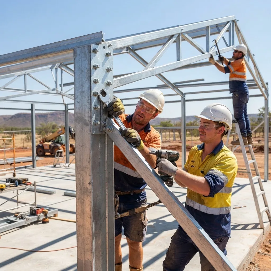 a construction site in Cloncurry with workers assembling a custom steel shed frame under bright sunlight, showcasing structural components