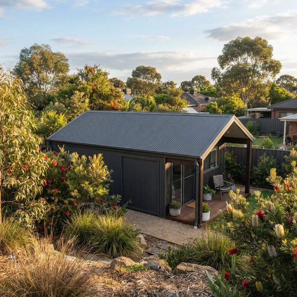 a wide shot of a residential shed roof in Melbourne fitted with Colorbond Ironstone roofing, highlighting the roof profile, natural light