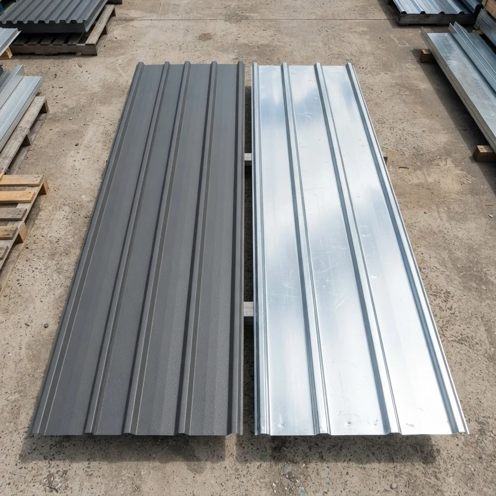 Side-by-side photo comparison of two roofing sheets laid flat on a surface: one Colorbond steel sheet with its distinct painted finish, the