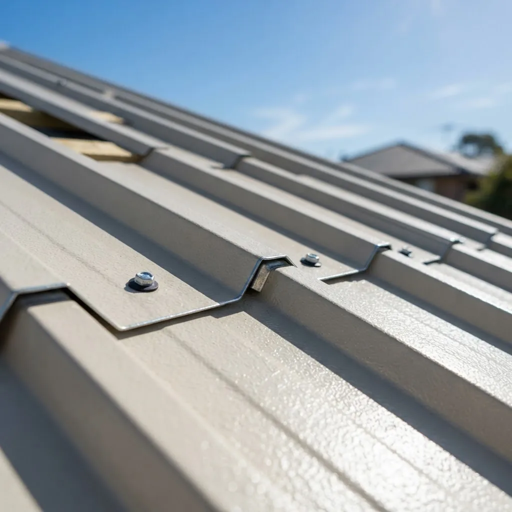 High-resolution close-up image of Colorbond steel roofing sheets showing the smooth painted surface and characteristic embossed profile,