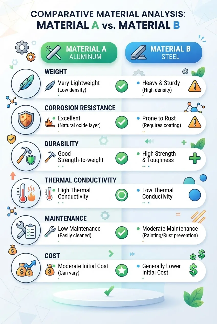 Infographic with two-column comparison chart listing key factors: weight, corrosion resistance, durability, thermal conductivity,