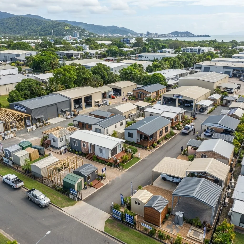 An aerial view of multiple types of sheds and kit homes in a Cairns industrial yard, including garden sheds, machinery sheds, and carports,