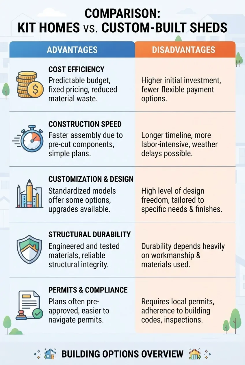 A clean infographic comparing kit homes and custom-built sheds with two columns: Column 1 shows advantages, Column 2 shows disadvantages,