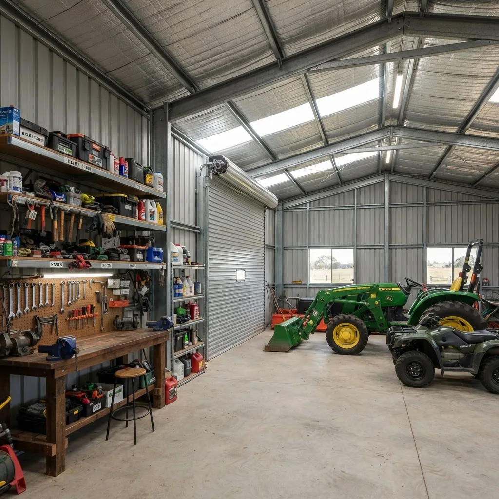interior view of an open-plan kit shed constructed on a farm in Dalby, featuring metal framing with installed garage-style roller door,
