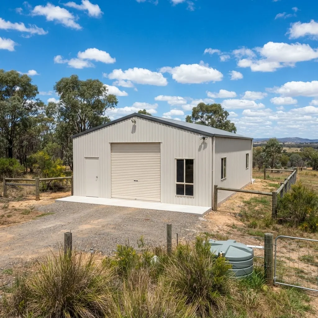 exterior shot of a modern, medium-sized steel kit shed installed on a rural property near Dalby, Queensland, showing a sunny day with blue