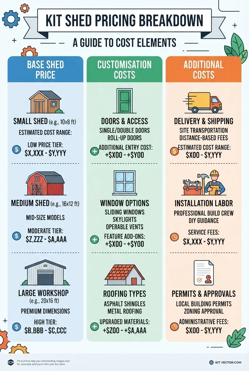 with 3 columns illustrating kit shed pricing breakdown: Column 1 'Base shed price' with icons for size options; Column 2 'Customisation
