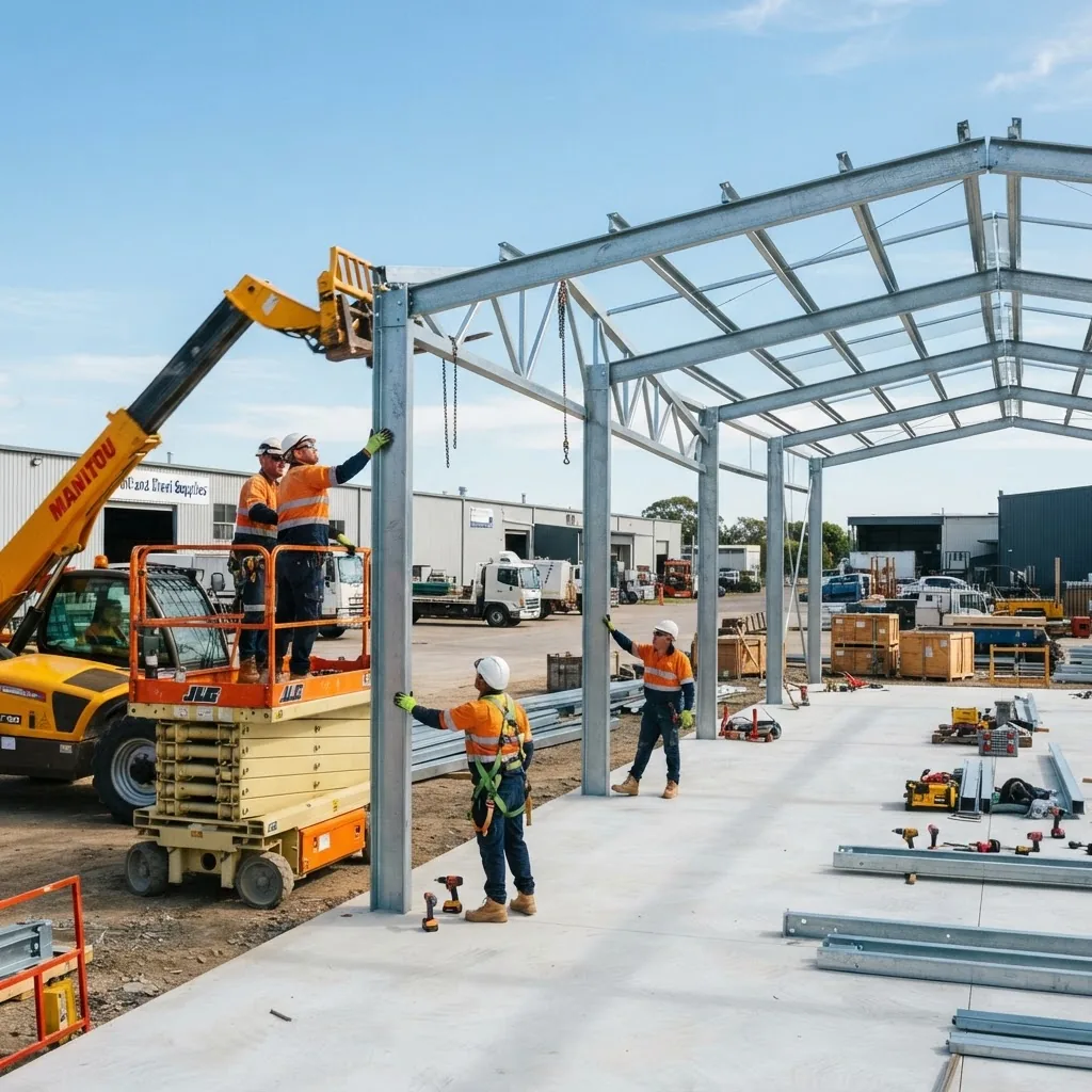 professional installation crew assembling a steel commercial shed kit on a concrete foundation in a sunny Maitland industrial area, showing
