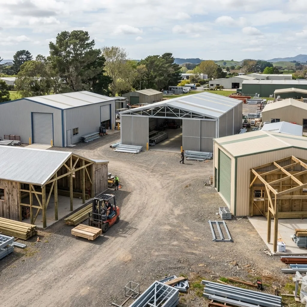 a variety of commercial kit sheds in an industrial yard—steel frame, timber options, different sizes—with natural daylight highlighting