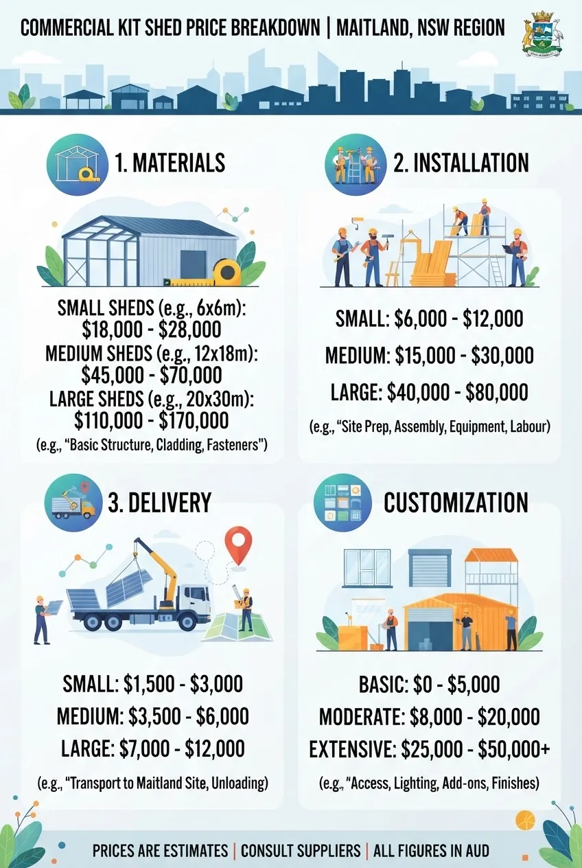 comparing commercial kit shed price breakdown—columns for materials, installation, delivery, and customization—with icons for each and