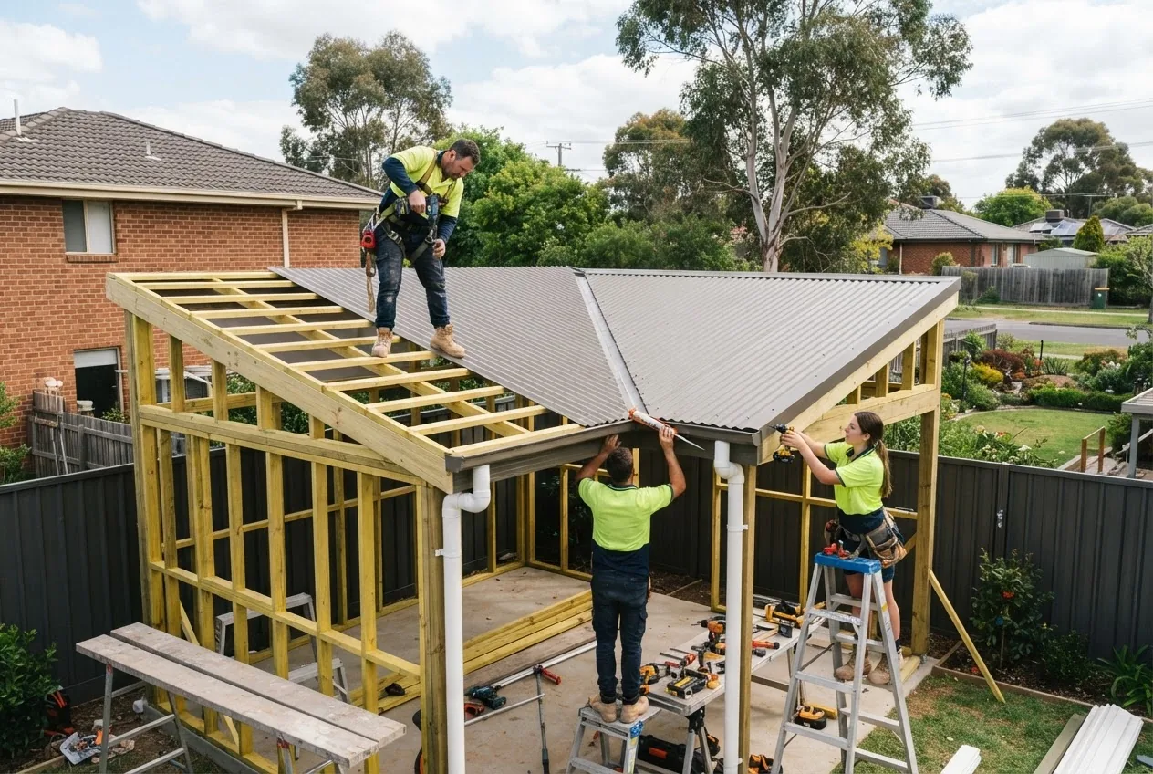 a step-by-step assembly showing a crew installing an L shaped shed roof junction, with visible guttering work and skillion roof, taken