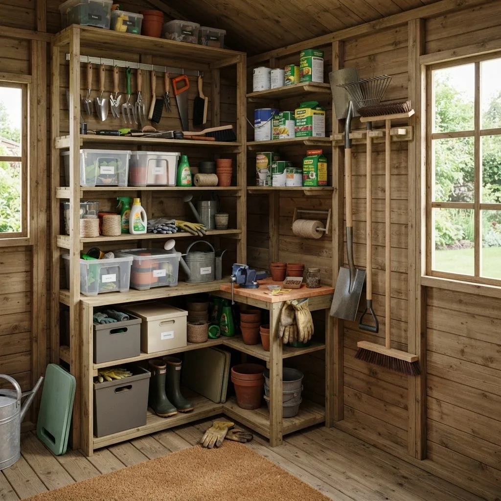 a close-up interior of an L shaped garden shed with shelves, wall-mounted tool racks, and corner storage units, well lit by natural light,