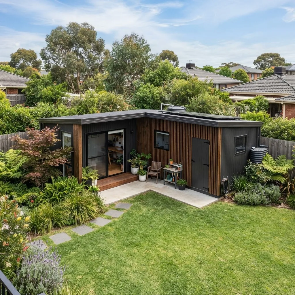 A high-quality photograph of a modern L shaped garden shed located in a suburban Melbourne backyard during daylight with natural sunlight,