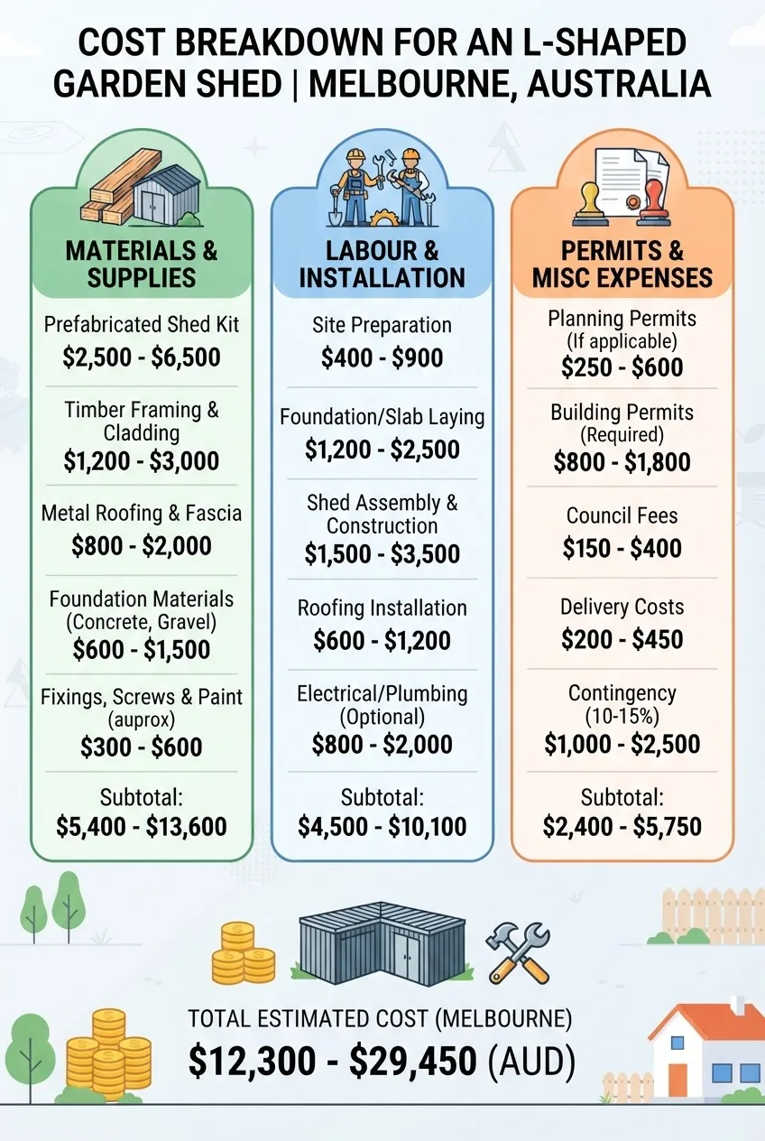 An infographic with three main columns showing cost breakdown for an L shaped garden shed: 1) Materials (timber, metal, prefab kit costs),