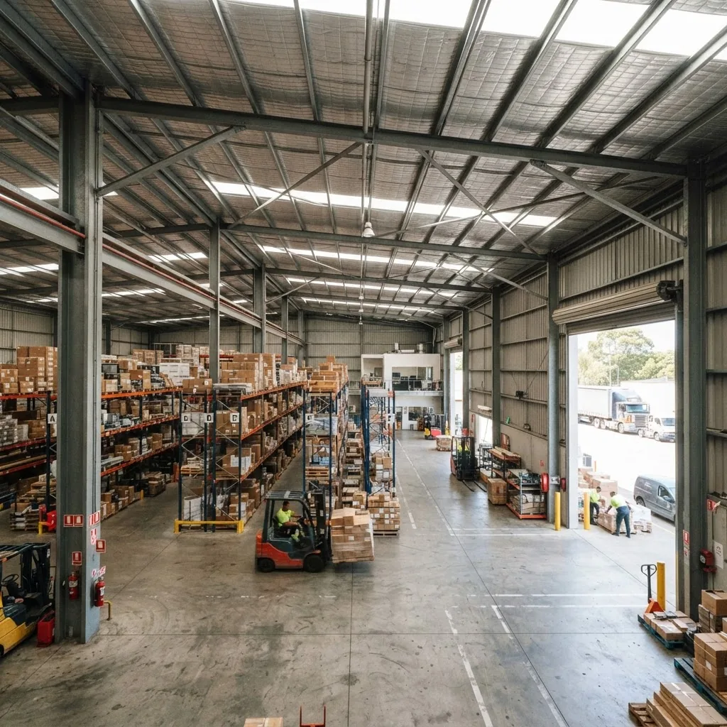 a large commercial shed showing structural steel frames, shelving, and spacious layout optimized for industrial storage, with bright,