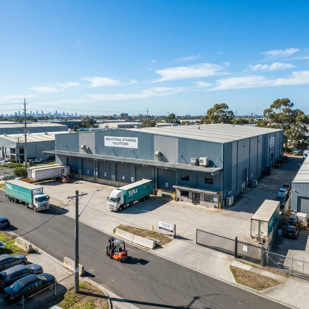 a large steel industrial storage building on a commercial site in Melbourne, showing the full exterior structure with clear blue sky, large
