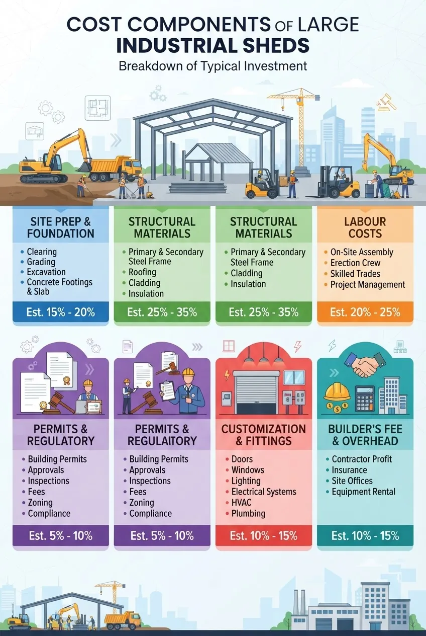 shows a multi-section horizontal layout illustrating cost components of large industrial sheds: foundation/site prep costs, materials,