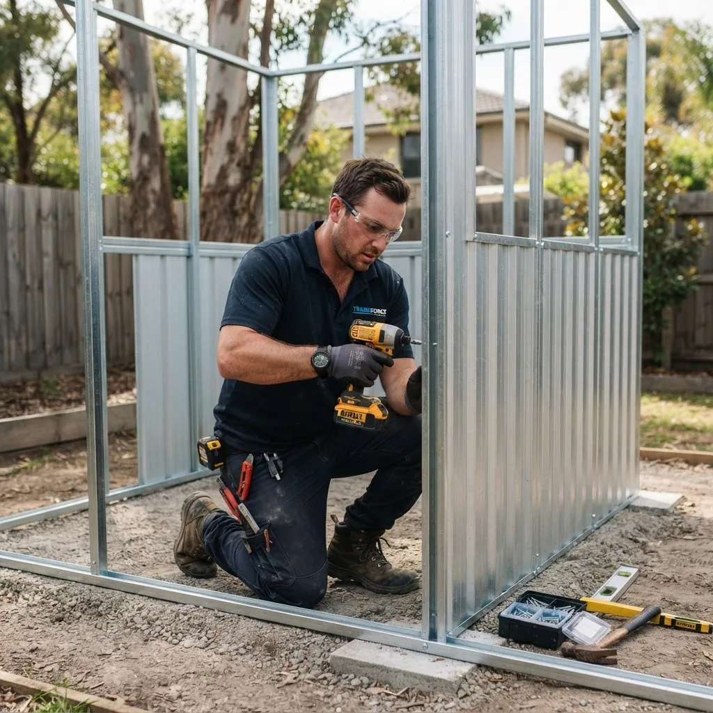 Close-up, dynamic image of a professional installer assembling a metal garden shed on a leveled backyard surface in Melbourne, showing