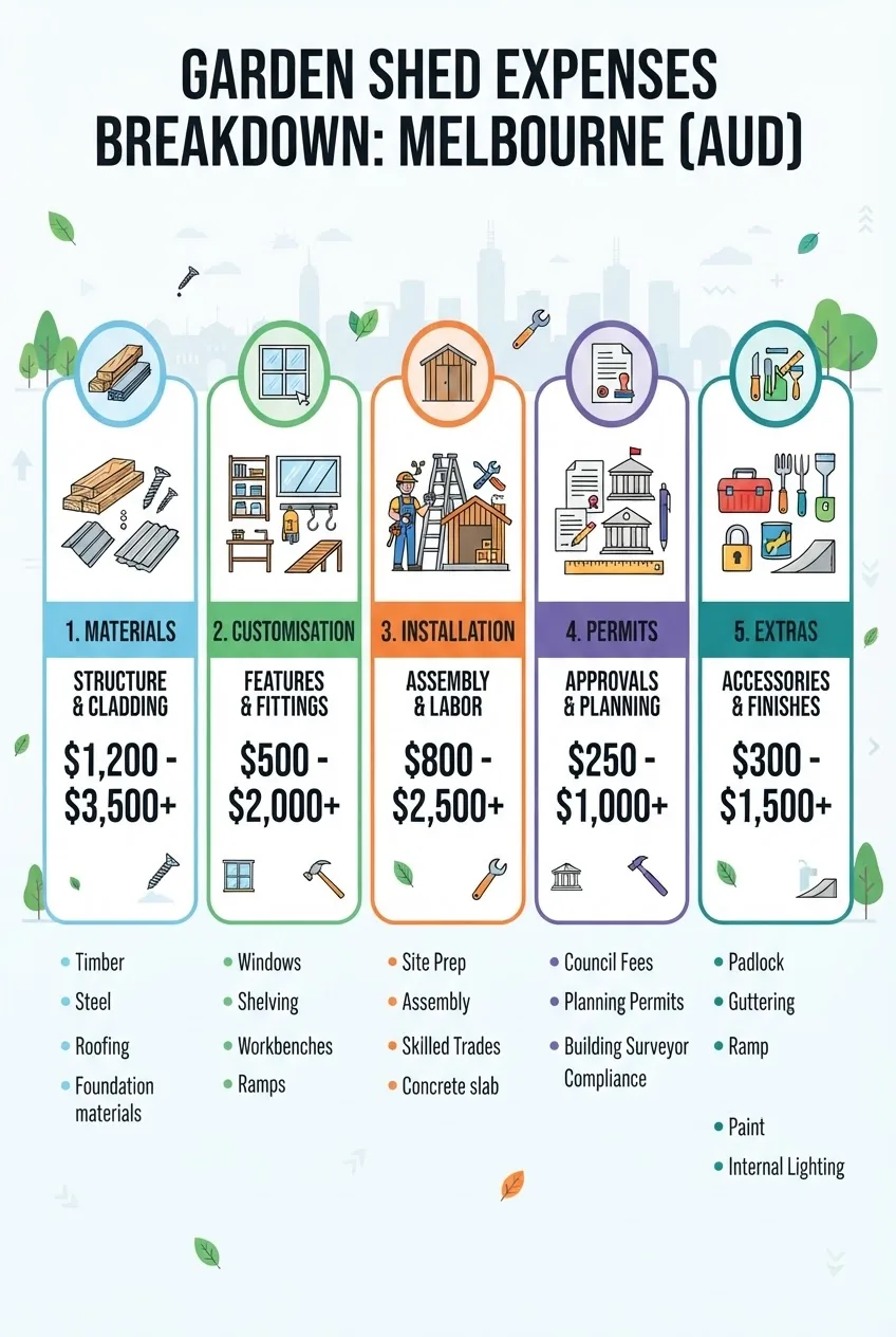 shows a layered cost breakdown of garden shed expenses in Melbourne: columns for materials, customisation, installation, permits, and