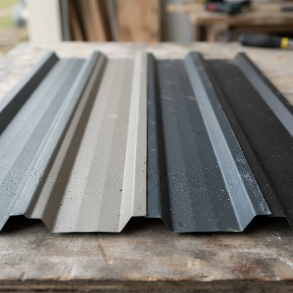 macro photography of textured Colorbond roofing sheets laid flat, displaying Windspray, Shale Grey, Basalt, and Monument colours side by