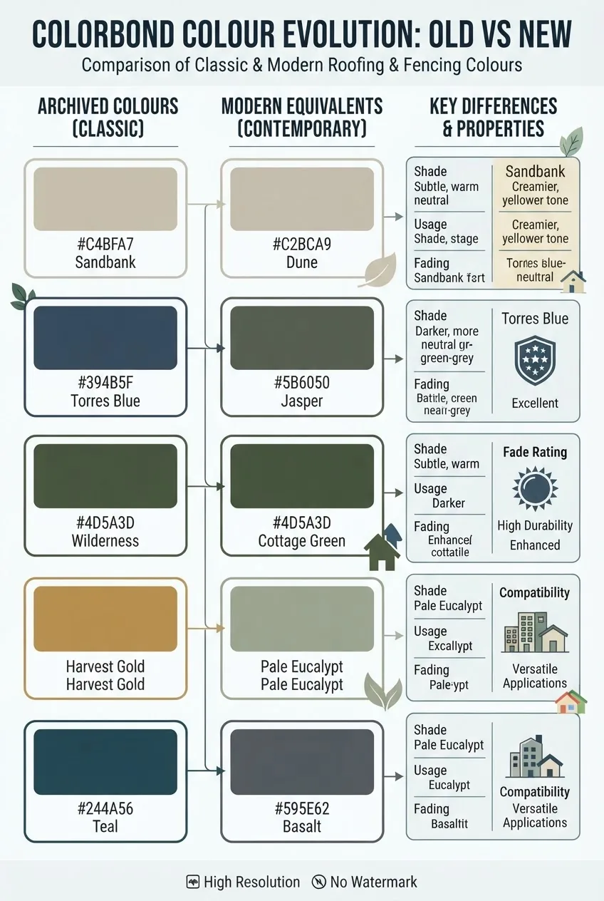 in three columns comparing old Colorbond colours with modern equivalents: column one with old colour name and swatch, column two with