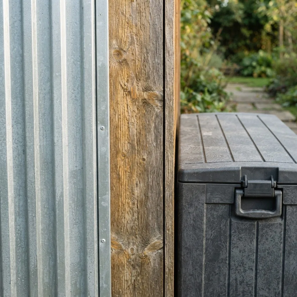 contrasting outdoor storage material surfaces: rustproof metal shed wall, weatherproof timber siding, and UV-resistant plastic storage box,